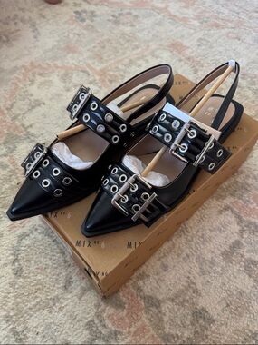Mix No. 6 Black Pointed Slingback Flats with Buckle & Grommet Straps